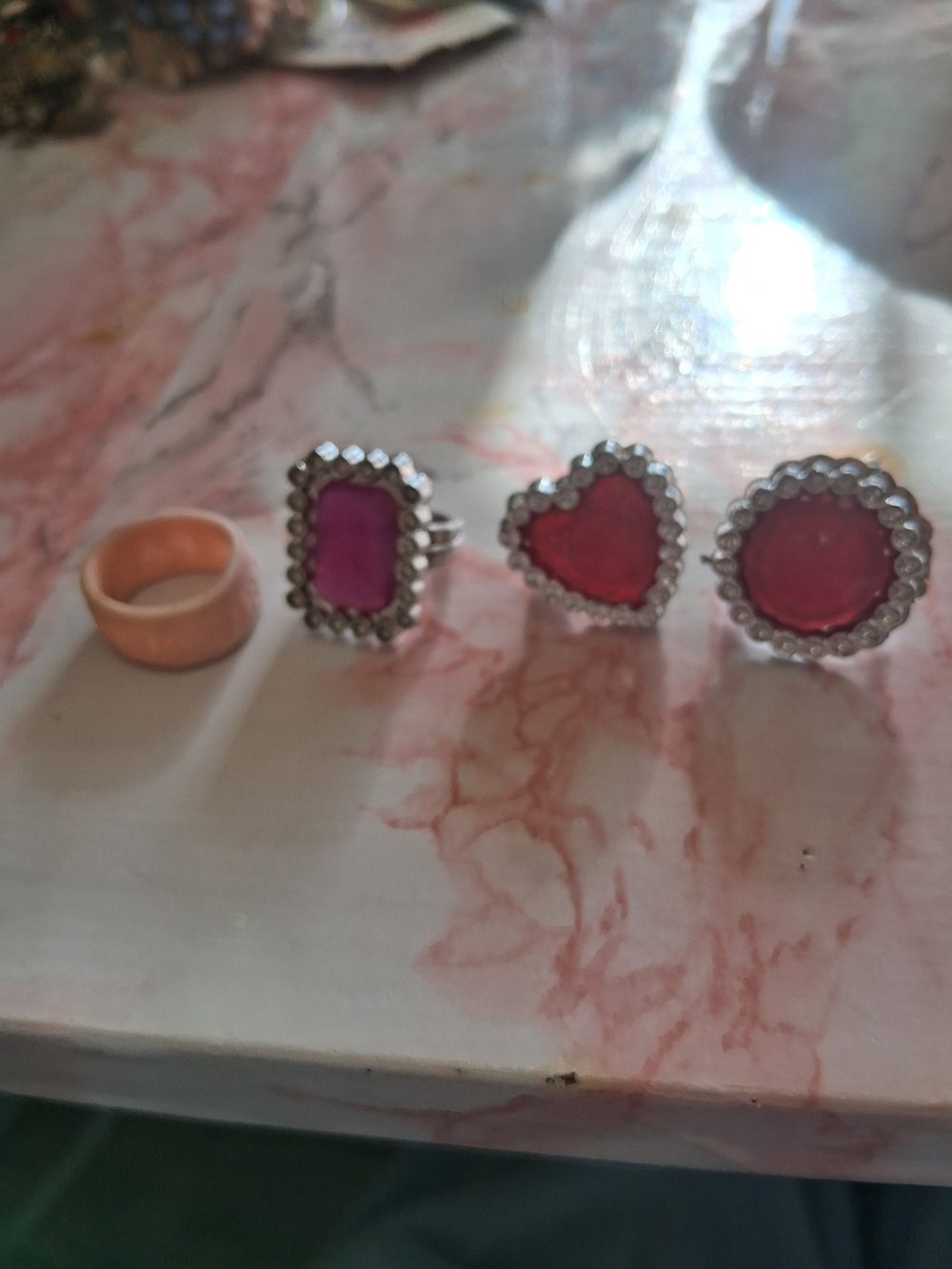 Vintage Source Unknown Pink and Red Crystal Heart, Round & Rectangular Rings
